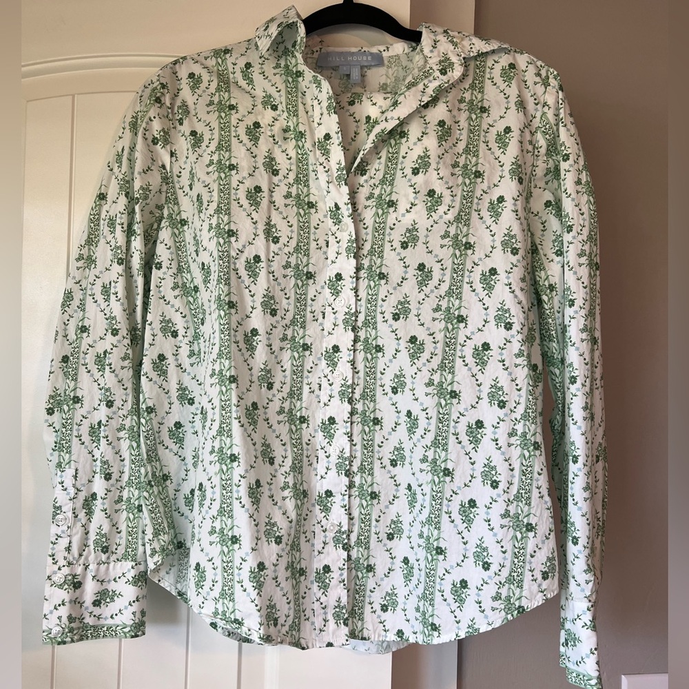 Hill House White Button-Up Shirt with Green Floral Print